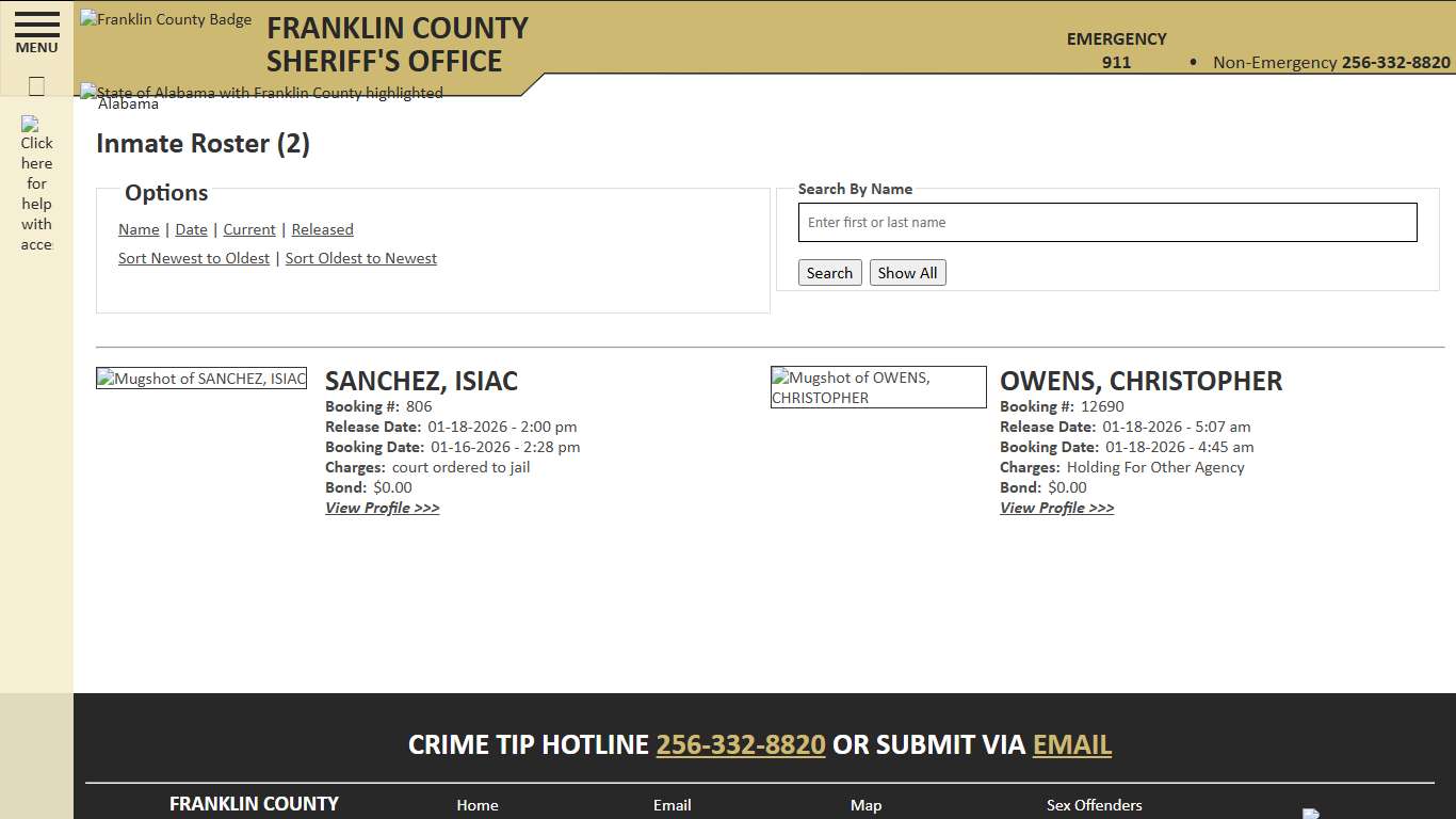 Inmate Roster - Released Inmates Booking Date Descending - Franklin County AL Sheriff's Office